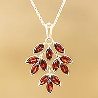 Garnet pendant necklace, 'Glittering Autumn' - Marquise Garnet Pendant Necklace Crafted in India