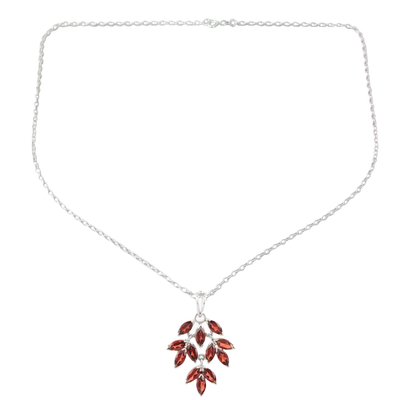 Garnet pendant necklace, 'Glittering Autumn' - Marquise Garnet Pendant Necklace Crafted in India