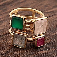 Gold plated multi-gemstone cocktail ring, 'Sparkling Squares' - Gold Plated Multi-Gemstone Cocktail Ring from India