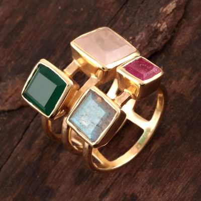 Gold plated multi-gemstone cocktail ring, 'Sparkling Squares' - Gold Plated Multi-Gemstone Cocktail Ring from India
