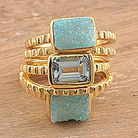 Gold plated druzy and blue topaz stacking rings, Blue Rectangles (set of 5)
