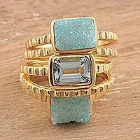 Gold plated druzy and blue topaz stacking rings, 'Blue Rectangles' (set of 5) - Gold Plated Druzy Gemstone Rings from India (Set of 5)