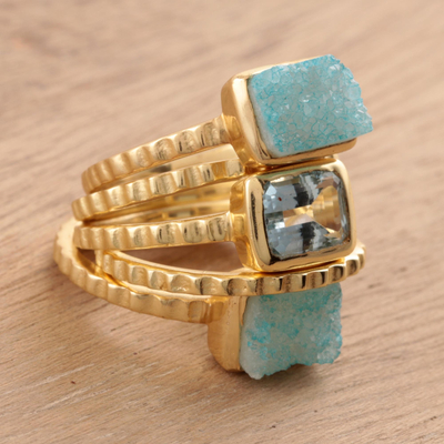 Gold plated druzy and blue topaz stacking rings, 'Blue Rectangles' (set of 5) - Gold Plated Druzy Gemstone Rings from India (Set of 5)