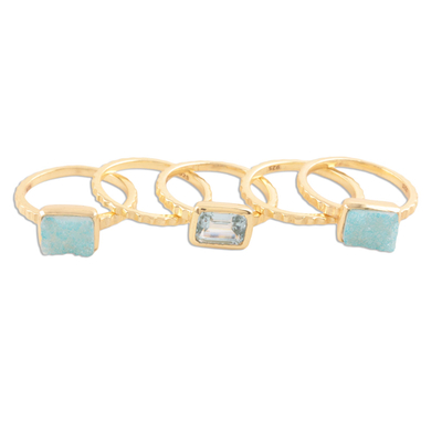 Gold plated sterling silver rings, 'Blue Rectangles' (set of 5) - Gold Plated Sterling Silver Rings from India (Set of 5)