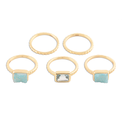 Gold plated druzy and blue topaz stacking rings, 'Blue Rectangles' (set of 5) - Gold Plated Druzy Gemstone Rings from India (Set of 5)