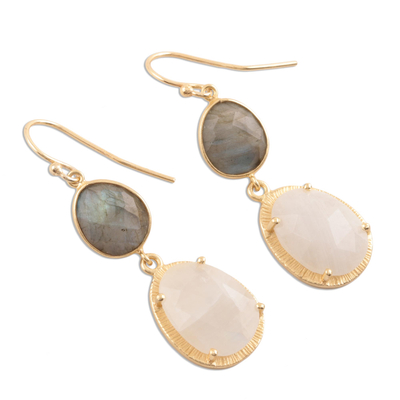 Gold plated rainbow moonstone and labradorite dangle earrings, 'Misty Evening' - Gold Plated Rainbow Moonstone and Labradorite Earrings