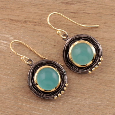 Gold accented chalcedony dangle earrings, 'Appealing Modernity' - Gold Accented Chalcedony Dangle Earrings from India