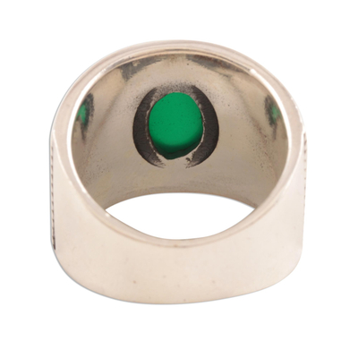 Onyx single-stone ring, 'Patterned Green' - Green Onyx Oval Single-Stone Ring from India