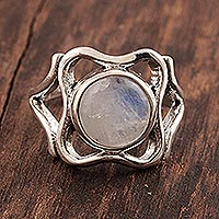 Rainbow moonstone single-stone ring, 'Wavy Frame' - Wavy Rainbow Moonstone Single-Stone Ring from India