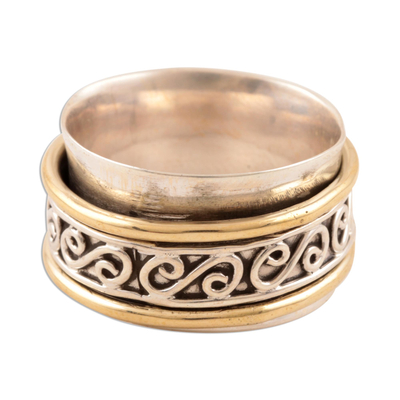 Sterling silver spinner ring, 'Happy Swirls' - Sterling Silver and Brass Spinner Ring from India