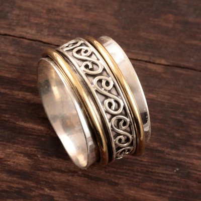 Sterling silver spinner ring, 'Happy Swirls' - Sterling Silver and Brass Spinner Ring from India