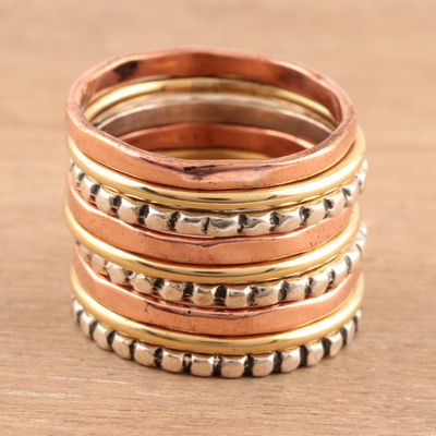 Sterling silver brass and copper stacking rings, 'Elegant Pattern' (set of 9) - Sterling Silver Brass and Copper Stacking Rings (Set of 9)