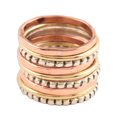 Sterling silver brass and copper stacking rings, 'Elegant Pattern' (set of 9) - Sterling Silver Brass and Copper Stacking Rings (Set of 9)