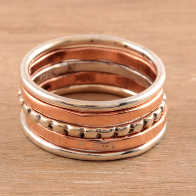 Sterling silver and copper band rings, 'Elegant Five' (set of 5) - Sterling Silver and Copper Band Rings from India (Set of 5)