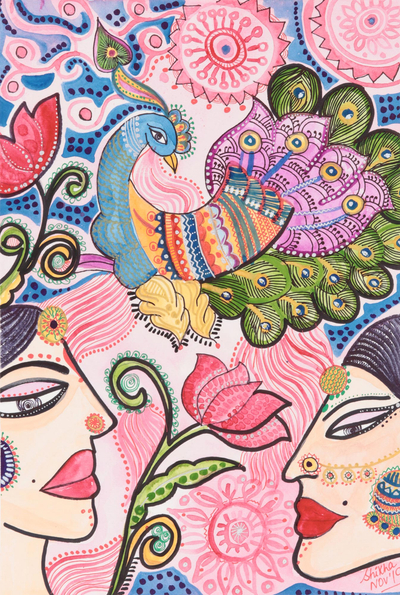 'Gopis of Lord Krishna' - Signed Hindu-Themed Folk Art Painting from India