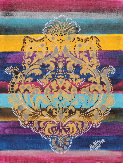 'Ornate Beauty' - Ornate Abstract Painting with Colorful Stripes from India