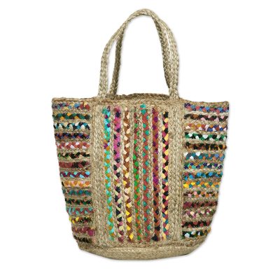 Recycled cotton and jute tote bag, 'World of Color' - Braided Jute and Recycled Cotton Tote Bag