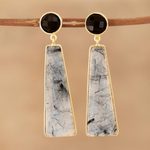 Gold plated tourmalinated quartz and onyx dangle earrings, 'Elegant Towers' - Gold Plated Tourmalinated Quartz and Onyx Dangle Earrings