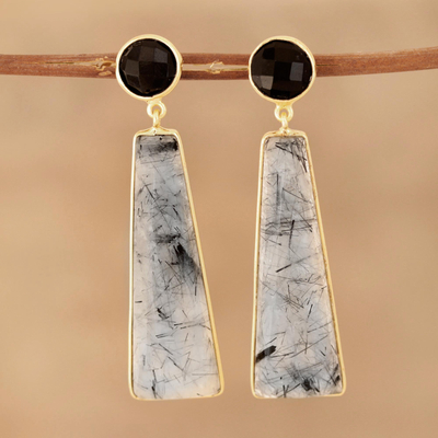Gold plated tourmalinated quartz and onyx dangle earrings, Elegant Towers