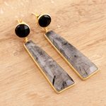 Gold plated tourmalinated quartz and onyx dangle earrings, 'Elegant Towers' - Gold Plated Tourmalinated Quartz and Onyx Dangle Earrings