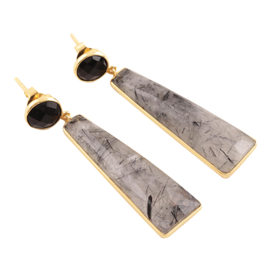 Gold plated tourmalinated quartz and onyx dangle earrings, 'Elegant Towers' - Gold Plated Tourmalinated Quartz and Onyx Dangle Earrings