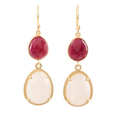 Gold plated rainbow moonstone and ruby dangle earrings, 'Rosy Evening' - Gold Plated Rainbow Moonstone and Ruby Dangle Earrings