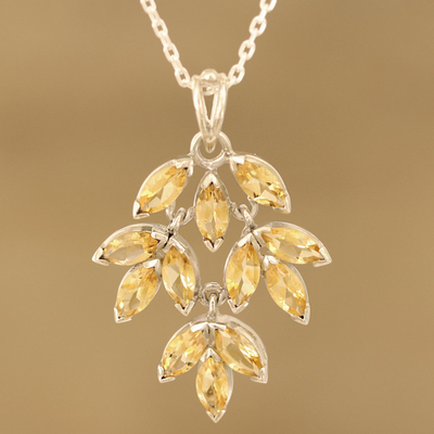 Citrine pendant necklace, 'Glittering Autumn' - Marquise Citrine Pendant Necklace Crafted in India