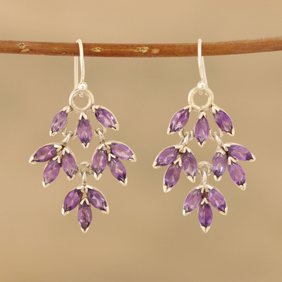 Amethyst dangle earrings, 'Glittering Autumn' - Marquise Amethyst Dangle Earrings Crafted in India