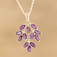 Amethyst pendant necklace, 'Glittering Autumn' - Marquise Amethyst Pendant Necklace Crafted in India