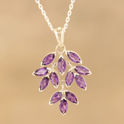 Amethyst pendant necklace, 'Glittering Autumn' - Marquise Amethyst Pendant Necklace Crafted in India