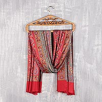 Reversible modal jacquard shawl, 'Paisley Extravagance' - Red Jamawar Style Paisley and Floral Shawl