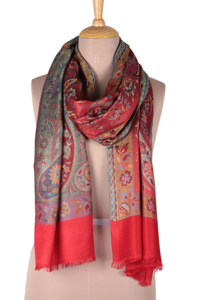 Reversible modal jacquard shawl, 'Paisley Extravagance' - Red Jamawar Style Paisley and Floral Shawl