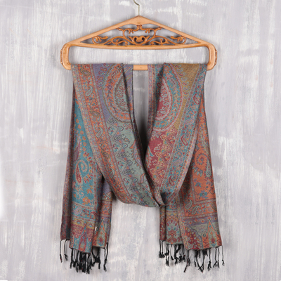 Reversible modal jacquard shawl, 'Paisley Delight' - Reversible Modal Jacquard Shawl in Muted Jewel Tones