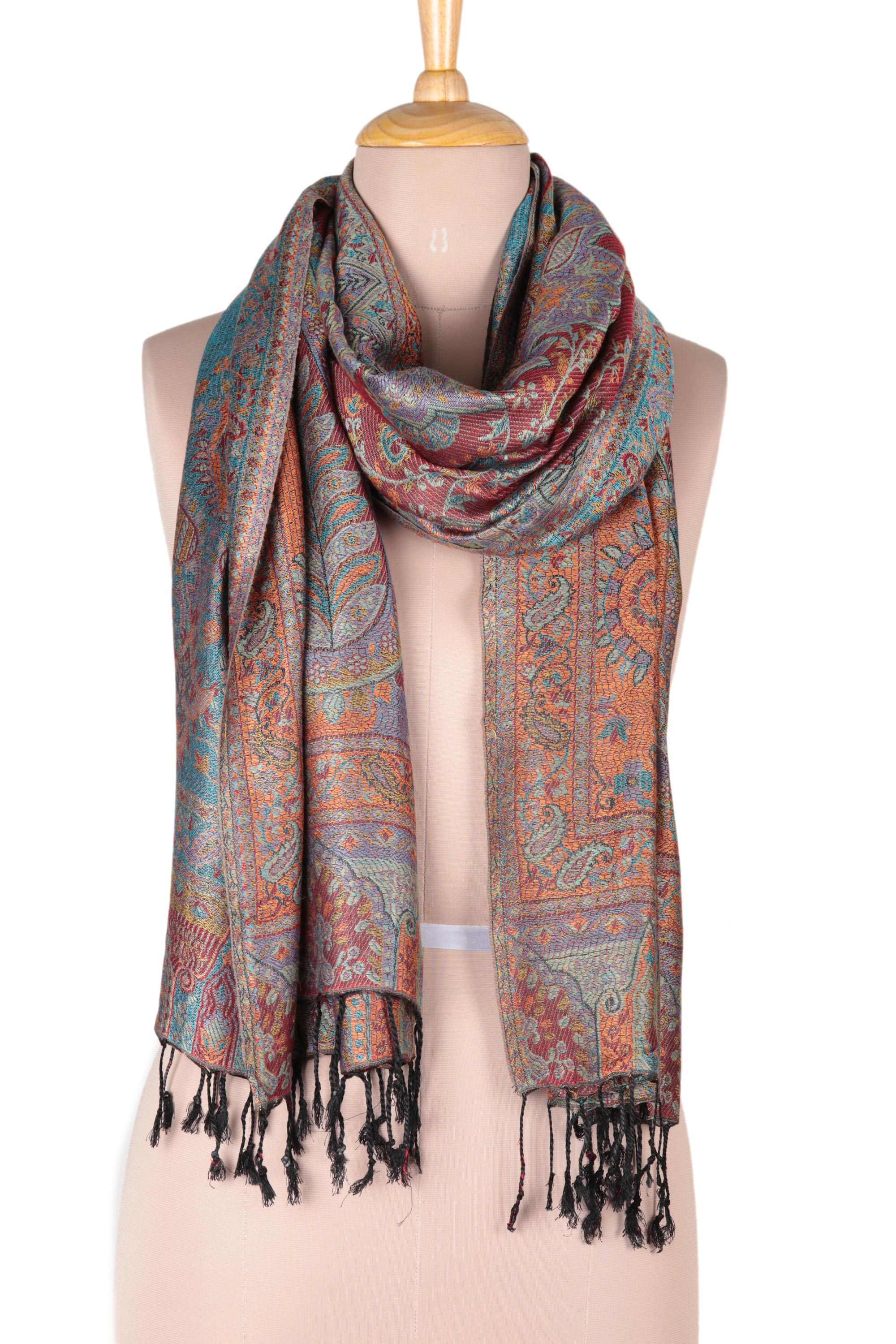 Reversible Modal Jacquard Shawl in Muted Jewel Tones - Paisley Delight ...