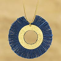 Brass pendant necklace, 'Blue Fringe' - Brass Pendant Necklace with Blue Fringe from India