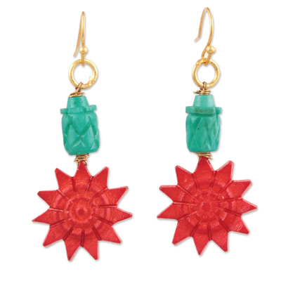 Bone dangle earrings, 'Vibrant Sunflowers' - Red and Green Bone Sunflower Dangle Earrings from India