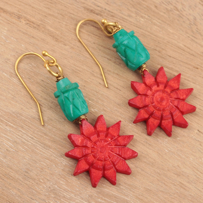 Bone dangle earrings, 'Vibrant Sunflowers' - Red and Green Bone Sunflower Dangle Earrings from India