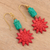 Bone dangle earrings, 'Vibrant Sunflowers' - Red and Green Bone Sunflower Dangle Earrings from India (image 2b) thumbail