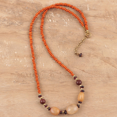 Quartz and wood beaded necklace, 'Agra Sunset' - Quartz and Orange Haldu Wood Beaded Necklace from India