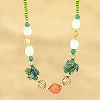 Quartz and agate beaded necklace, 'Forest Flair' - Quartz and Agate Beaded Long Necklace Crafted in India