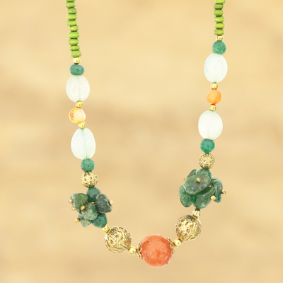 Quartz and agate beaded necklace, 'Forest Flair' - Quartz and Agate Beaded Long Necklace Crafted in India