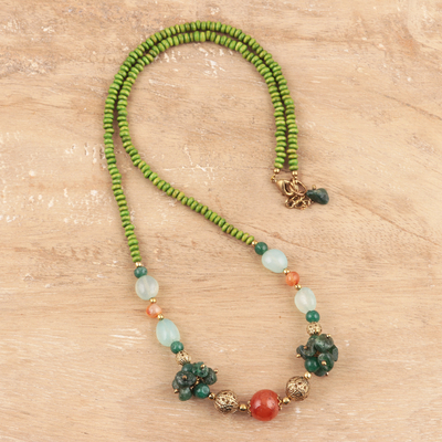 Quartz and agate beaded necklace, 'Forest Flair' - Quartz and Agate Beaded Long Necklace Crafted in India