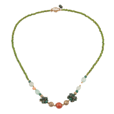 Halskette aus Quarz und Achatperlen, 'Forest Flair - Lange Halskette aus Quarz und Achatperlen, hergestellt in Indien