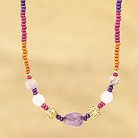 Quartz and wood beaded necklace, 'Boho Harmony' - Colorful Quartz and Wood Beaded Long Necklace from India