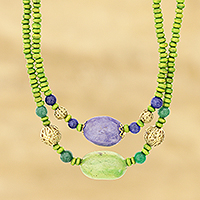 Agate and quartz pendant necklace, 'Forest Connection' - Agate and Quartz Beaded Strand Necklace from India