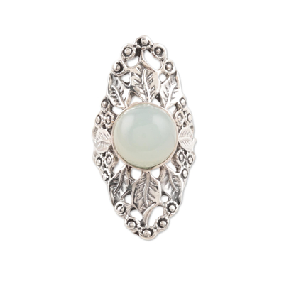 Chalcedony cocktail ring, 'Leafy Wreath' - Leaf Pattern Chalcedony Cocktail Ring from India