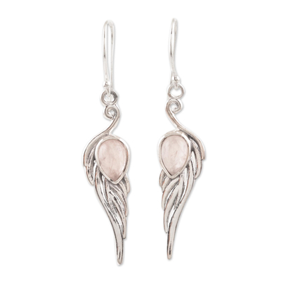 Rose quartz dangle earrings, 'Feathery Dance' - Feather-Shaped Rose Quartz Dangle Earrings from India