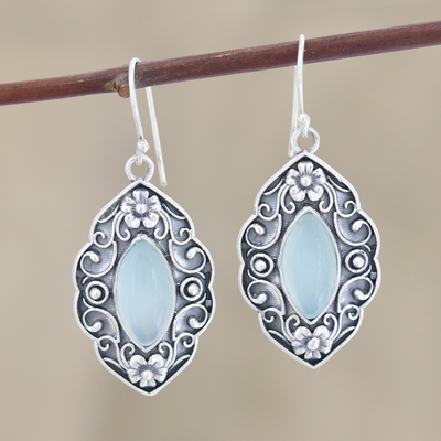 Chalcedony dangle earrings, 'Aqua Garden' - Blue Chalcedony Floral Dangle Earrings from India