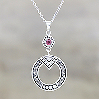 Garnet pendant necklace, 'Egyptian Appeal' - Round Pattern Garnet Pendant Necklace from India