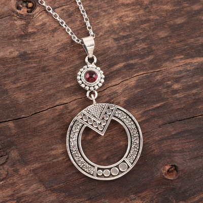 Garnet pendant necklace, 'Egyptian Appeal' - Round Pattern Garnet Pendant Necklace from India